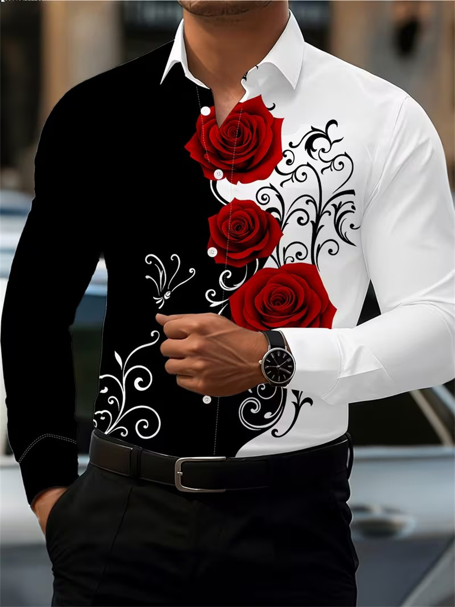 Men's Red Rose Print Long-Slee - Mens Fashion Summer recension och pris